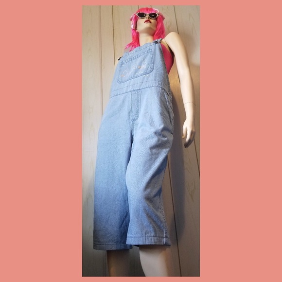 Vintage 90s Embroidered Cats Blue Denim Capri Overalls - Picture 6 of 10